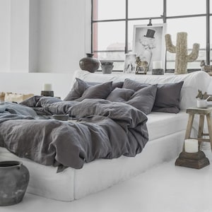 Charcoal Gray Linen Duvet Cover – Stonewashed Flax Bedding – Dark Gray Queen King Comforter – Breathable OEKO TEX Midweight Linen Set