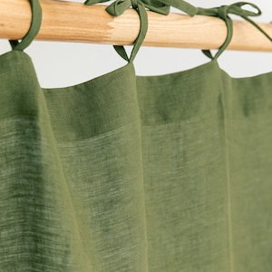 Tie top linen curtain panel, Various colours 1 pcs. Semi-sheer window, door curtain. Custom rod drapes with ties Forest green