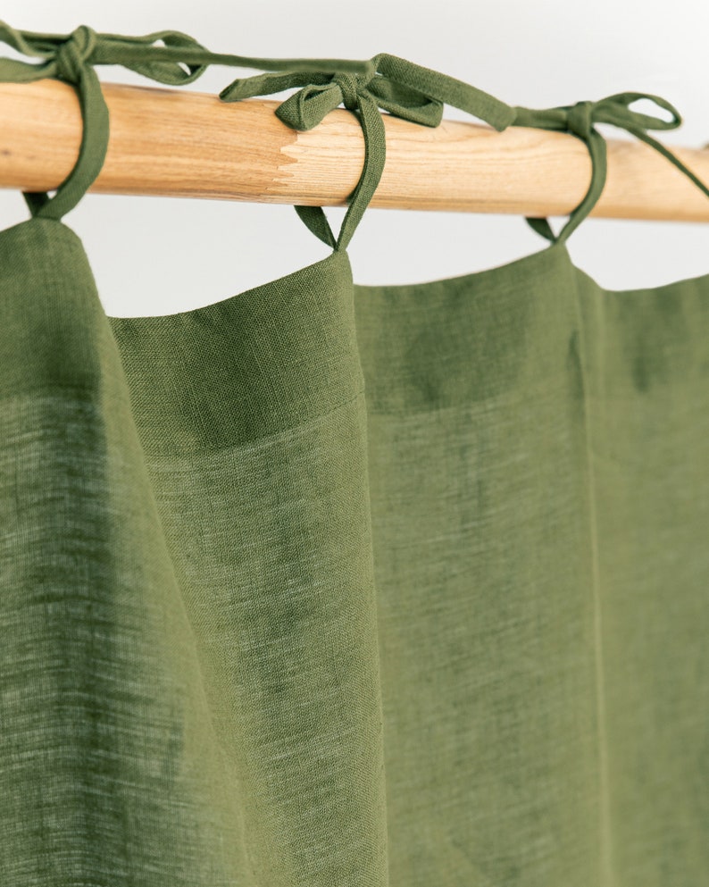 Tie top linen curtain panel, Various colours 1 pcs. Semi-sheer window, door curtain. Custom rod drapes with ties Forest green