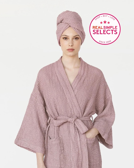 Woodrose Linen Cotton Hair Turban Towel – Waffle Weave Head Wrap with Button – Quick Drying Towel for Spa, Shower, Mask or Oil Treatment Use