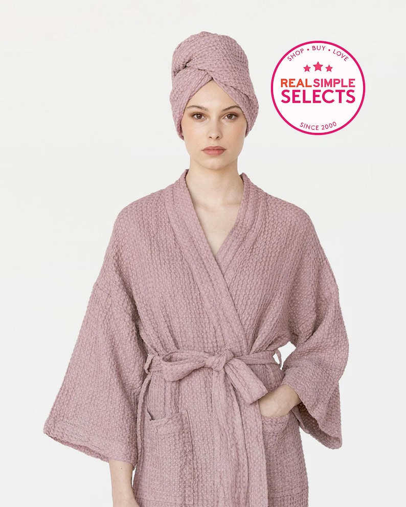 Woodrose Leinen Baumwolle Haar Turban Handtuch - Waffelgewebe Kopftuch mit Knopf - Schnelltrocknendes Handtuch für Spa, Dusche, Maske oder Ölbehandlung Bild 1