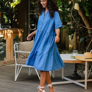 Linen shirt dress PETRA in Cobalt blue. Linen ruffle dress. Midi dress. Short sleeve dress for women. Button up dress with side pockets image 5