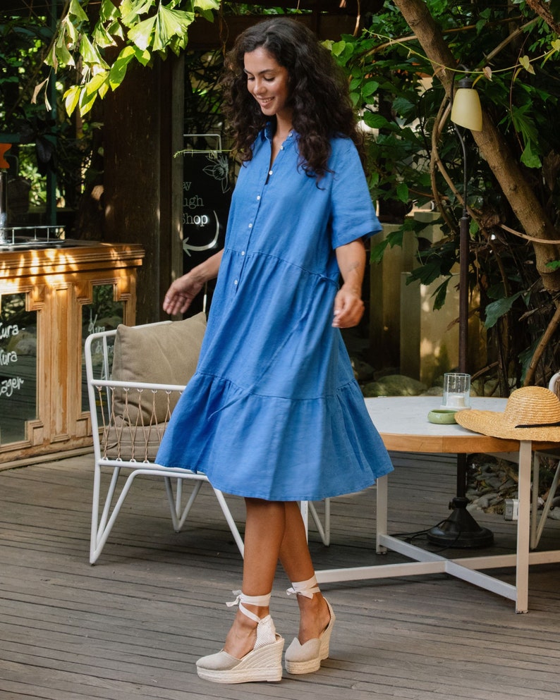 Linen shirt dress PETRA in Cobalt blue. Linen ruffle dress. Midi dress. Short sleeve dress for women. Button up dress with side pockets image 5