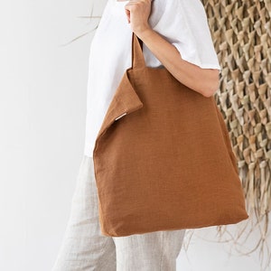 Large linen bag. Linen tote bag. Roomy linen shopping bag in various colors. Cinnamon