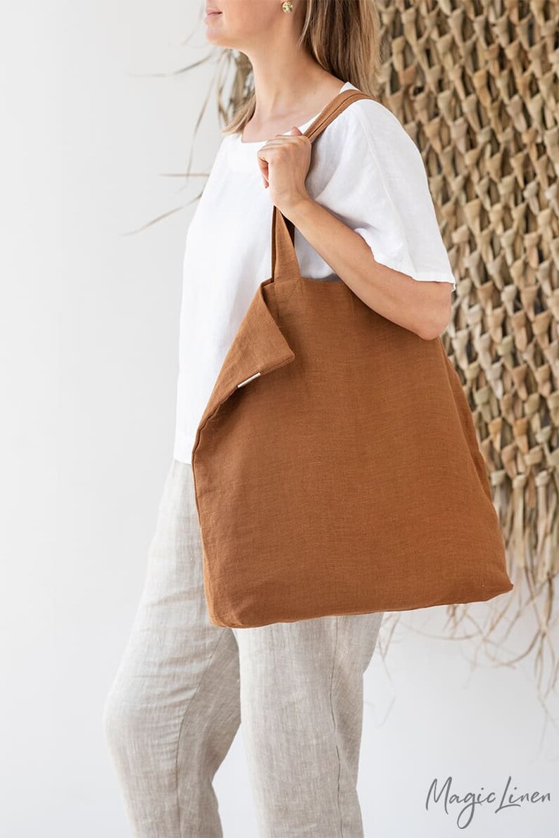 Large linen bag. Linen tote bag. Roomy linen shopping bag in various colors. Cinnamon