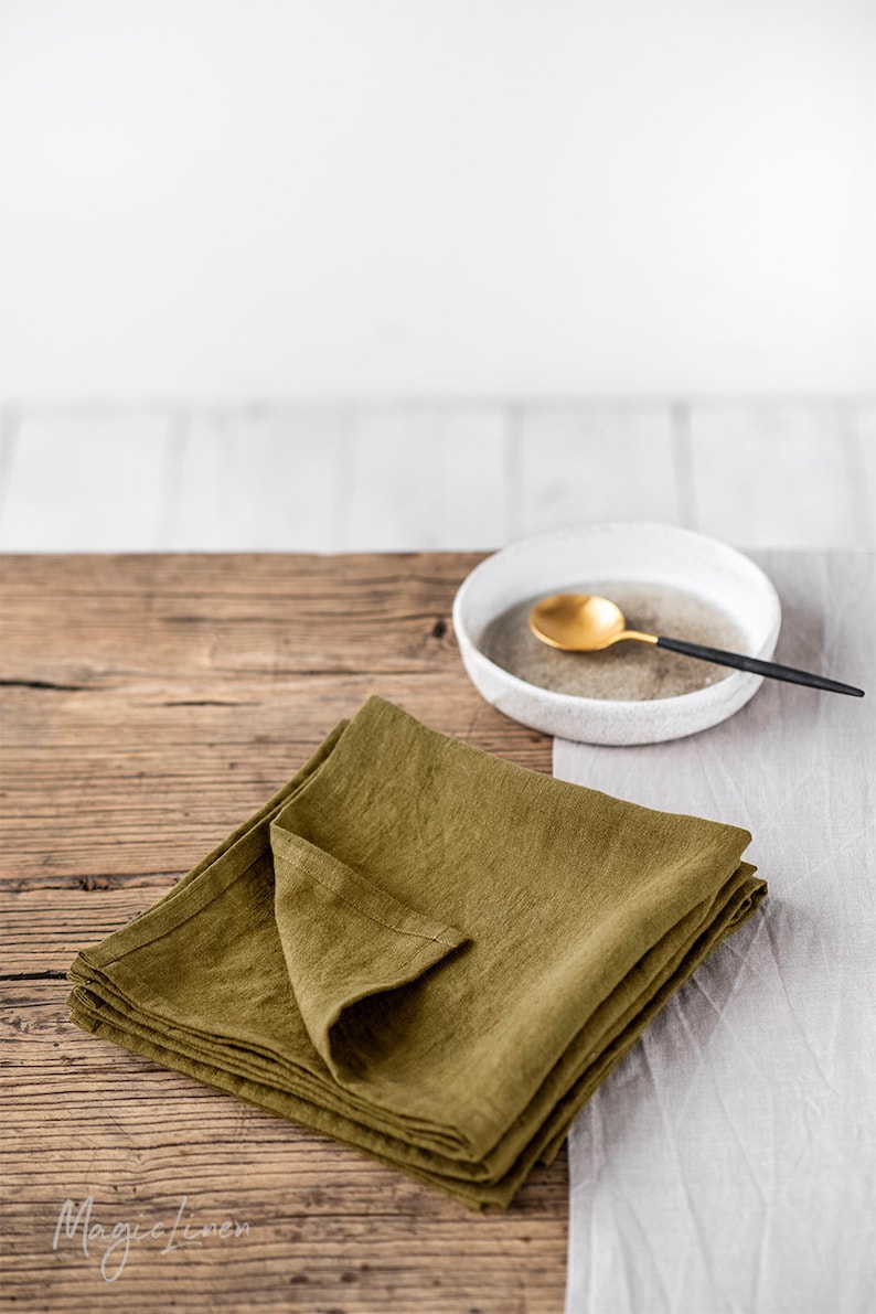 Olive Green Linen Napkin Set of 2. Washed Linen Napkin Set. Etsy