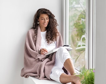 Woodrose Waffel Leinenüberwurf - Rosa Couch Decke - Weicher strukturierter Sofa-Überwurf - Kuschelige stonewashed Bettschicht - Romantischer Wohndekor-Akzent