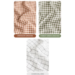 three different patterns of fabric, including a cinnamon gingham pattern, a forest green gingham pattern, and a charcoal grid pattern.