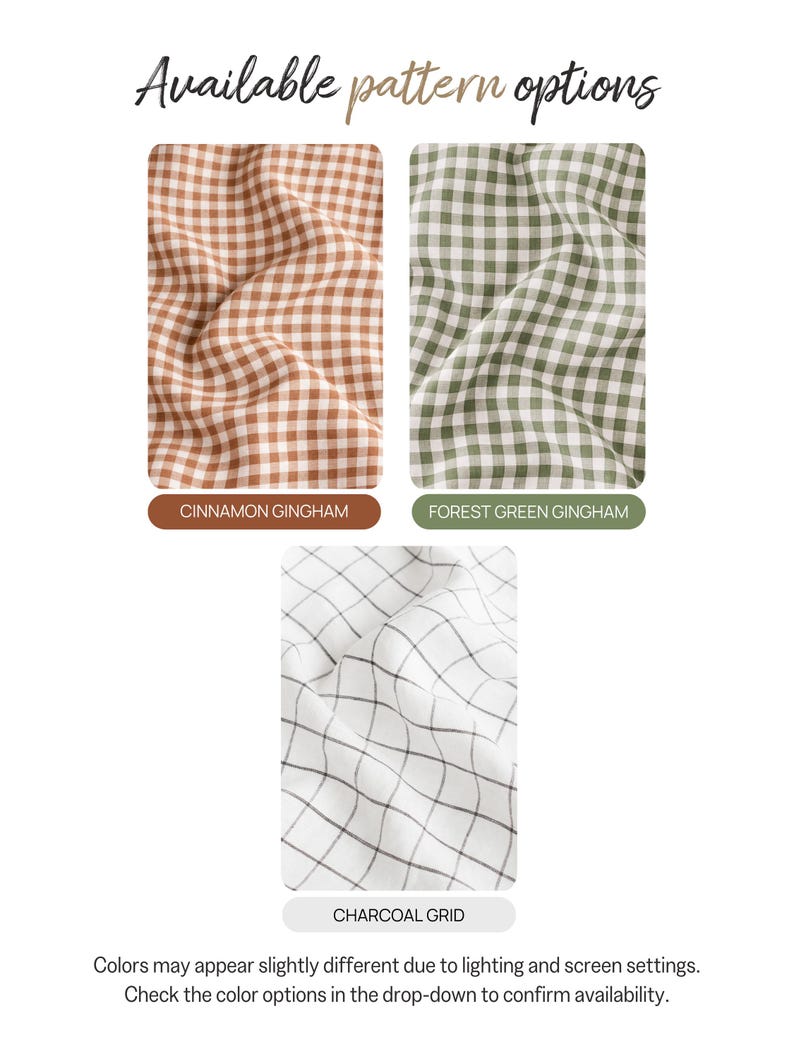 three different patterns of fabric, including a cinnamon gingham pattern, a forest green gingham pattern, and a charcoal grid pattern.