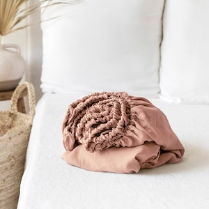 Linen Fitted Sheet – Peach Pink Soft Linen Bedding – Queen King Deep Pocket Bed Sheet – Stonewashed Moisture Wicking OEKO European Linen