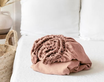 Linen fitted bed sheet in Peach | Stone washed linen bedding | King, Queen sheet