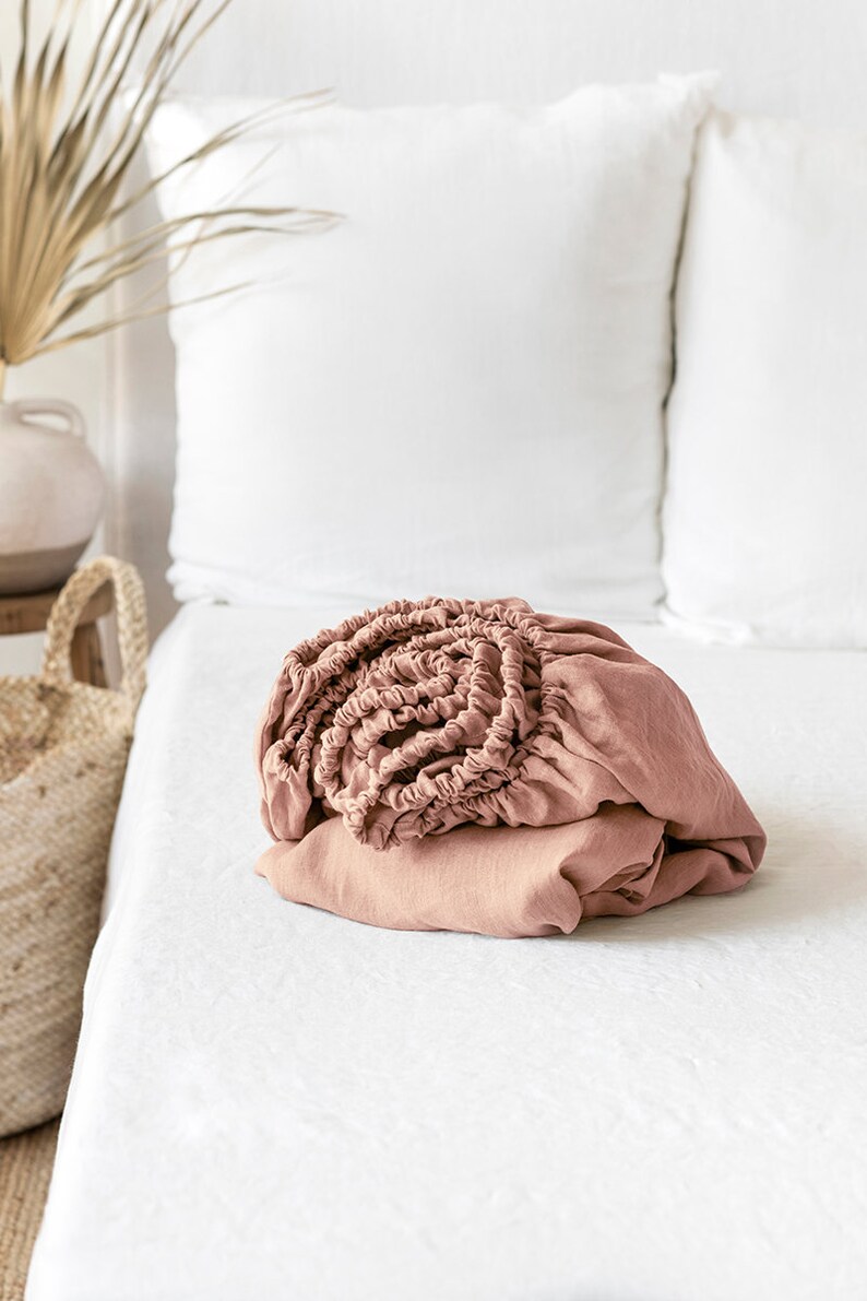 Linen fitted bed sheet in Peach Stone washed linen bedding King, Queen sheet image 1