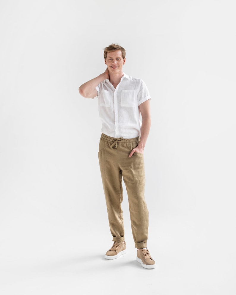 Men's linen pants TRUCKEE in Cinnamon. Mens trousers. Elastic waist. Cargo pants. Linen clothing for men image 6