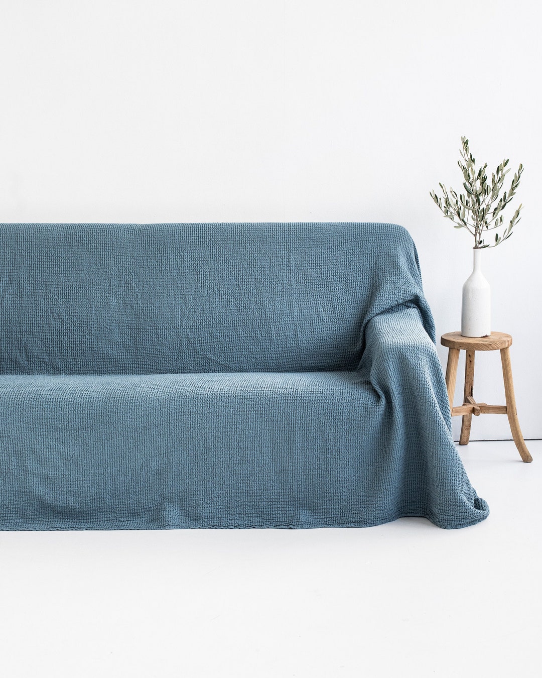 Couch Cover in Gray Blue. Sofa Slipcover. Throw Blanket Couch. Linen