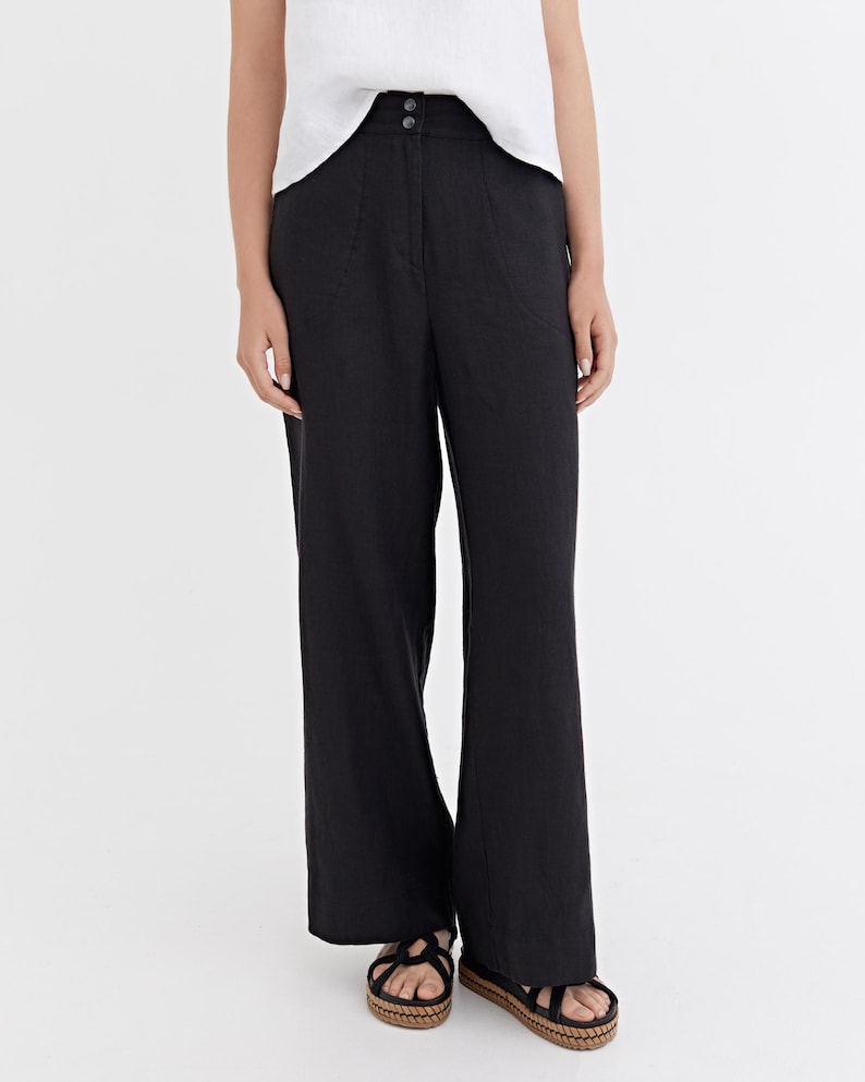 Black Linen Palazzo Pants – Wide Leg Linen Pants for Women – Elastic Waist Regular Fit – Relaxed Lightweight Vacation Wear BANFF image 2