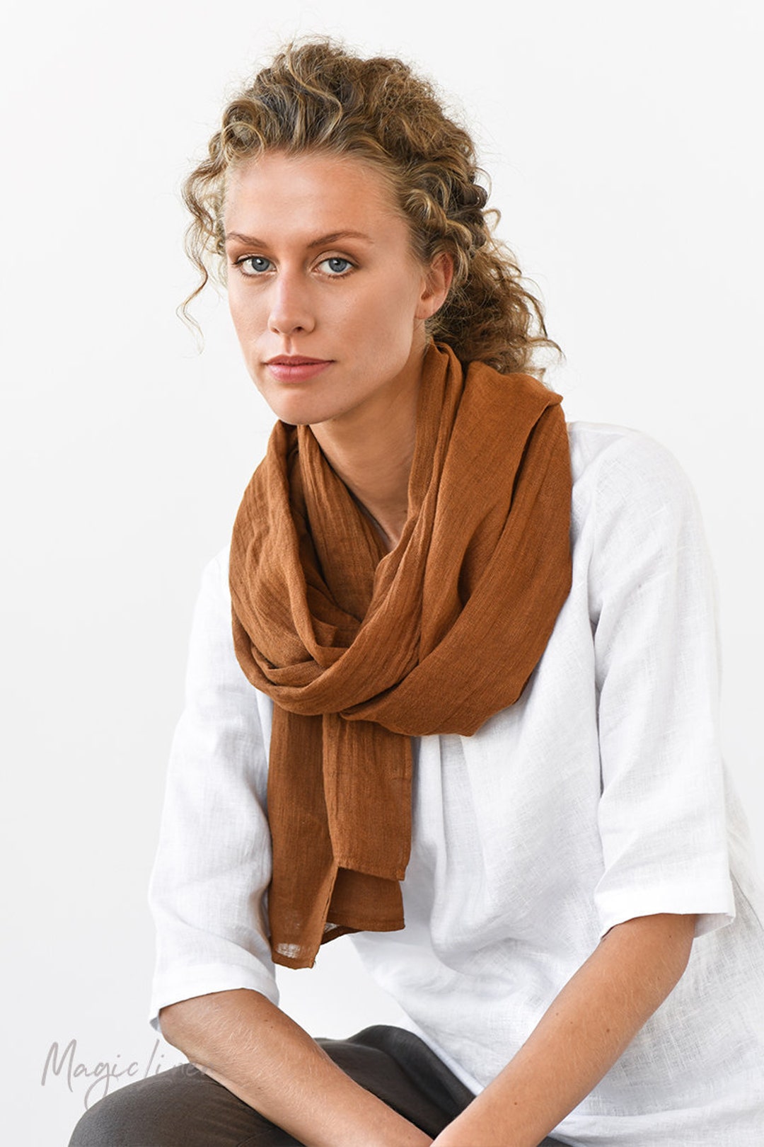 Linen Scarf in Cinnamon Color. Terra Cotta Linen Shawl. Handmade, Stone