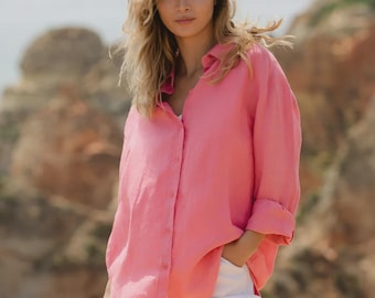 Flamingo Pink Oversized Linen Shirt for Women – Lightweight Button Up – Long Sleeve Relaxed Blouse – Summer Capsule Clothing CORSICA