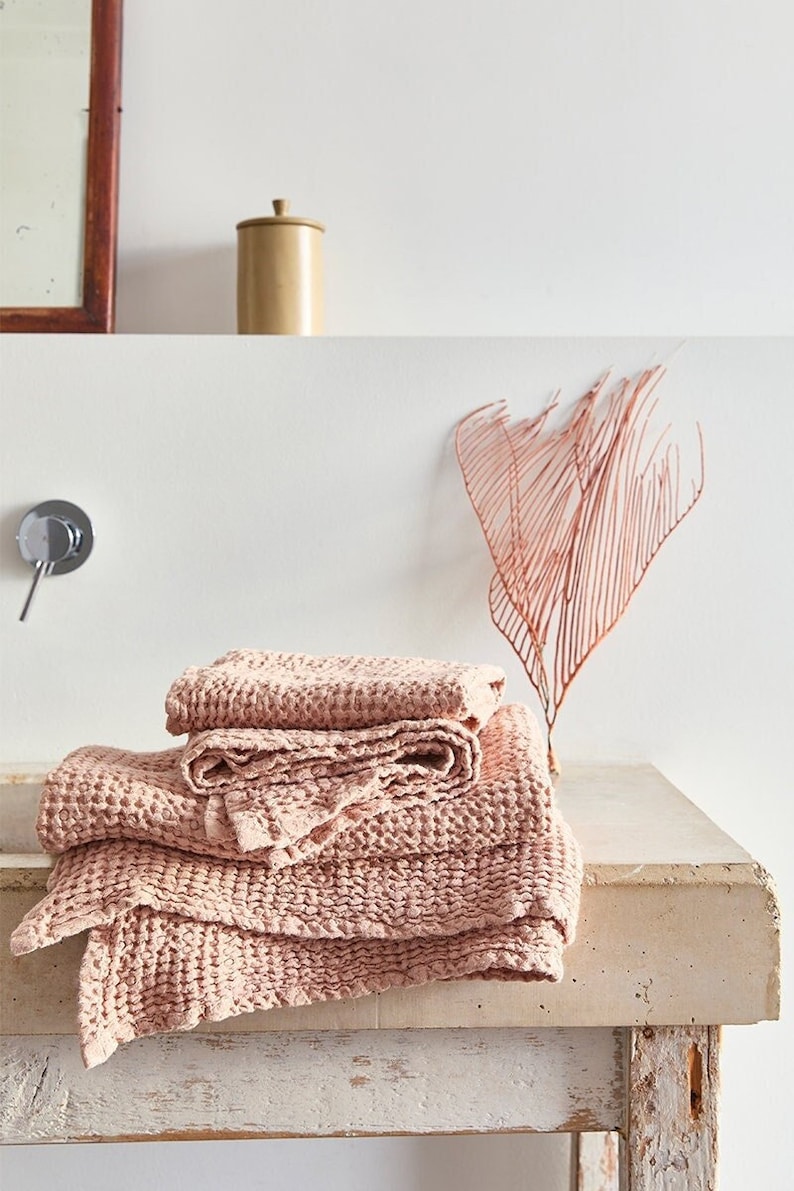 Peach linen waffle towel SET: hand, face, body linen towels Pink linen towels Fluffy, absorbent waffle towels Quality bath linens. image 1