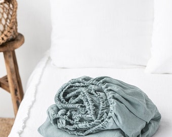 Linen fitted sheet in Dusty Blue. Washed linen sheet. King, Queen, custom bed sheet.