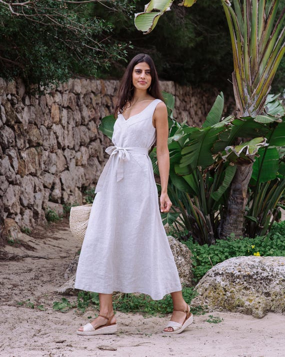 elegant formal linen dress Sleeveless Boat Neck Dress - Linen Maxi Dress – Black Flowy Wedding Guest  Look – Elegant Formal Resort Outfit With Pockets CHILOE
