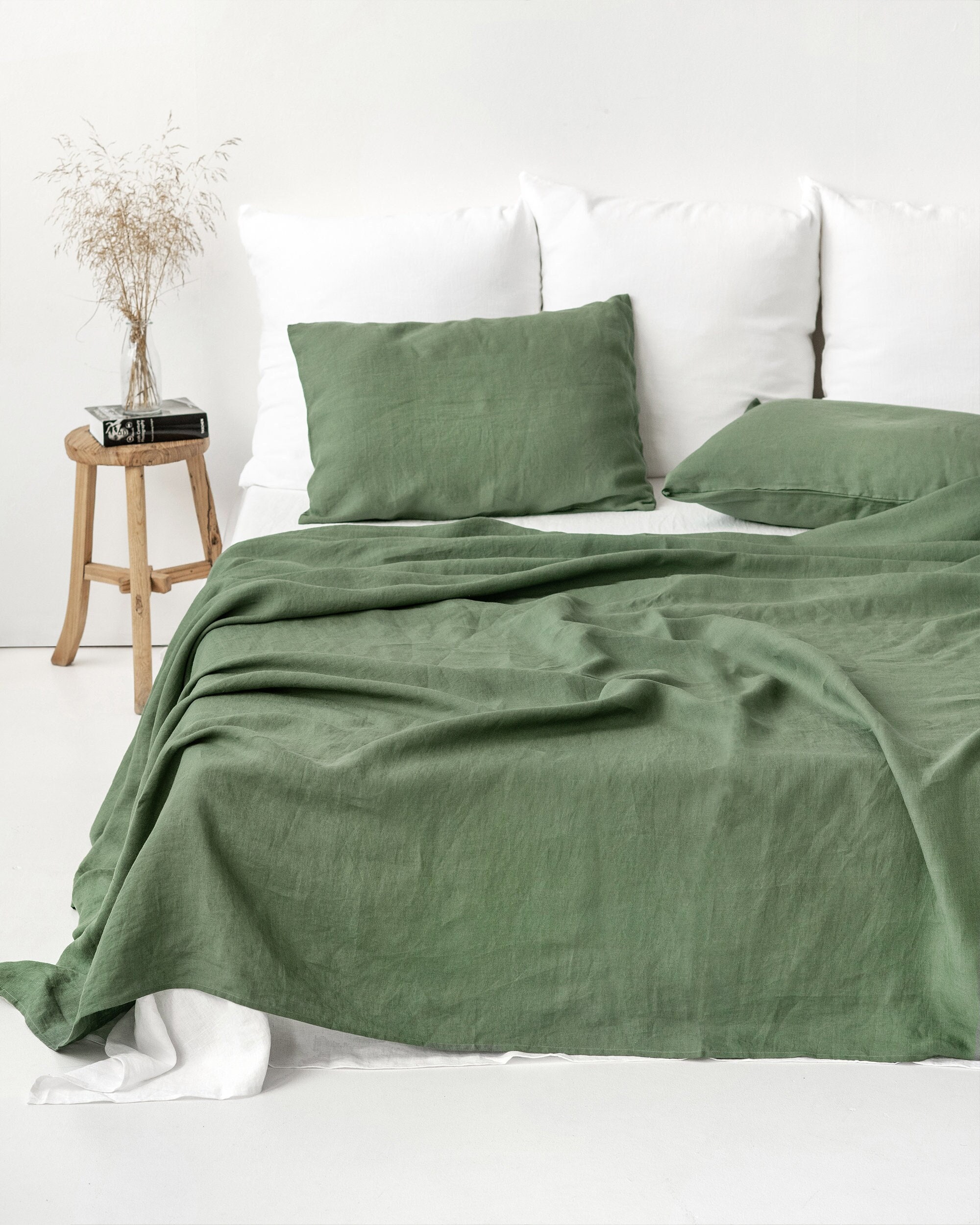 Linen Flat Sheet in Forest Green / Custom Size Bed Sheets, Linen Bedding /  King, Queen Sizes 