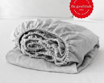 Black Pinstripe Linen Fitted Sheet — 100% European Flax Linen Bedding — All-Around Elastic — Regular 10in or Deep 18in Mattress Pocket Types