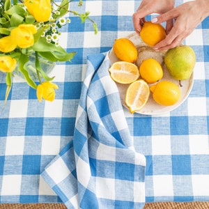 Linen tablecloth in Cobalt blue gingham. Farmhouse tablecloth. Large tablecloth. Handmade stonewashed, housewarming gift image 3