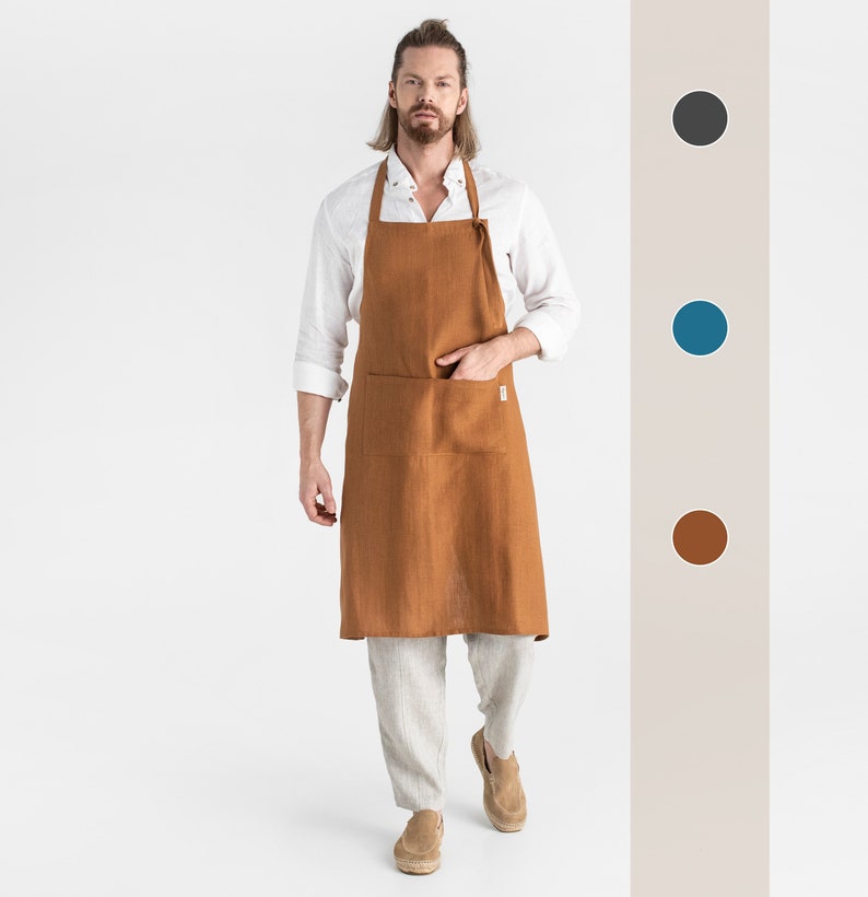 Linen apron for men. Cooking apron in brown, gray, blue colors. Apron with pockets. BBQ apron image 1