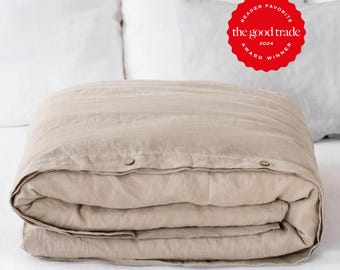 Natuurlijk linnen dekbedovertrek — Beige dekbedovertrek voor een tweepersoonsbed (Queen size) — Dekbedovertrek voor een kingsize bed — Neutraal beddengoed