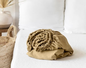 Linen fitted bed sheet in Sandy beige | Stone washed linen bedding | King, Queen sheet