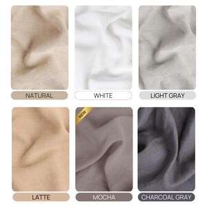 six neutral fabric swatches in various colors, including natural, white, light gray, mocha, charcoal gray, and latte. The colors may appear slightly different due to lighting and screen settings, so it is recommended to check the color options in the drop-down to confirm availability.
