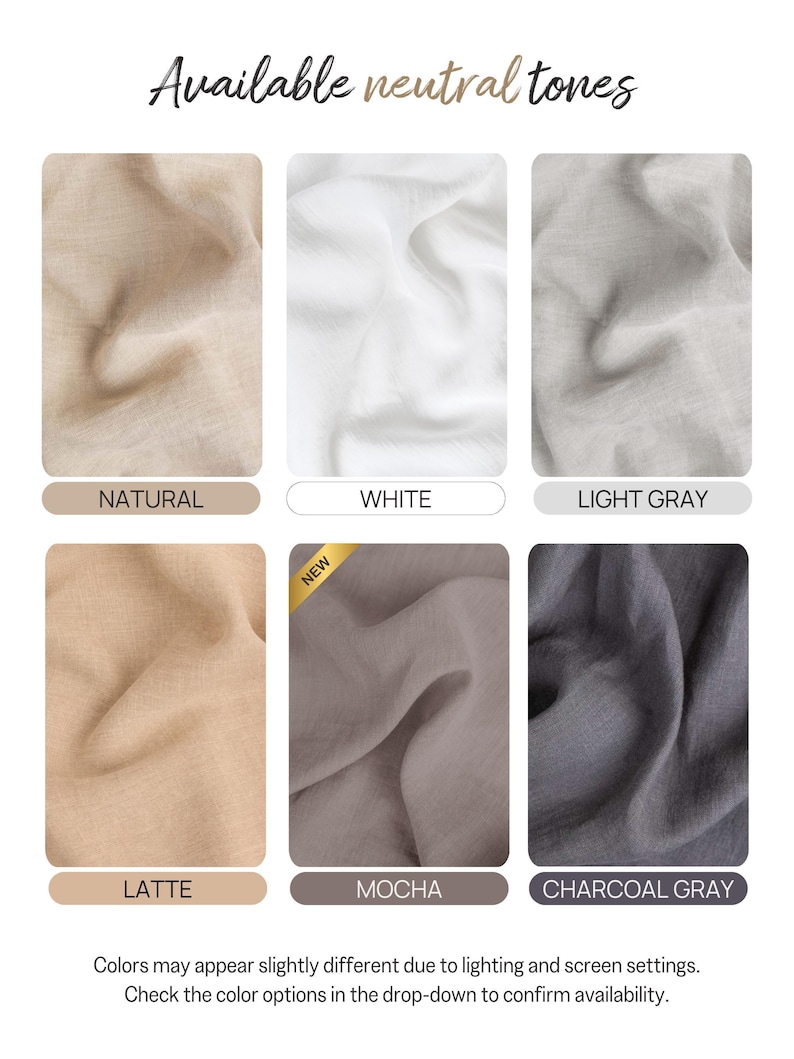six neutral fabric swatches in various colors, including natural, white, light gray, mocha, charcoal gray, and latte. The colors may appear slightly different due to lighting and screen settings, so it is recommended to check the color options in the drop-down to confirm availability.