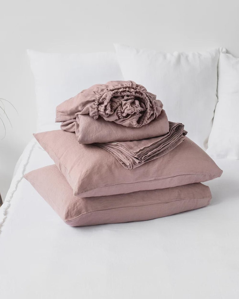 Woodrose linnen lakenset – stoffig roze stonewashed beddengoed – ademend plat laken, hoeslaken en kussenslopen – puur OEKO-TEX gecertificeerd linnen afbeelding 8