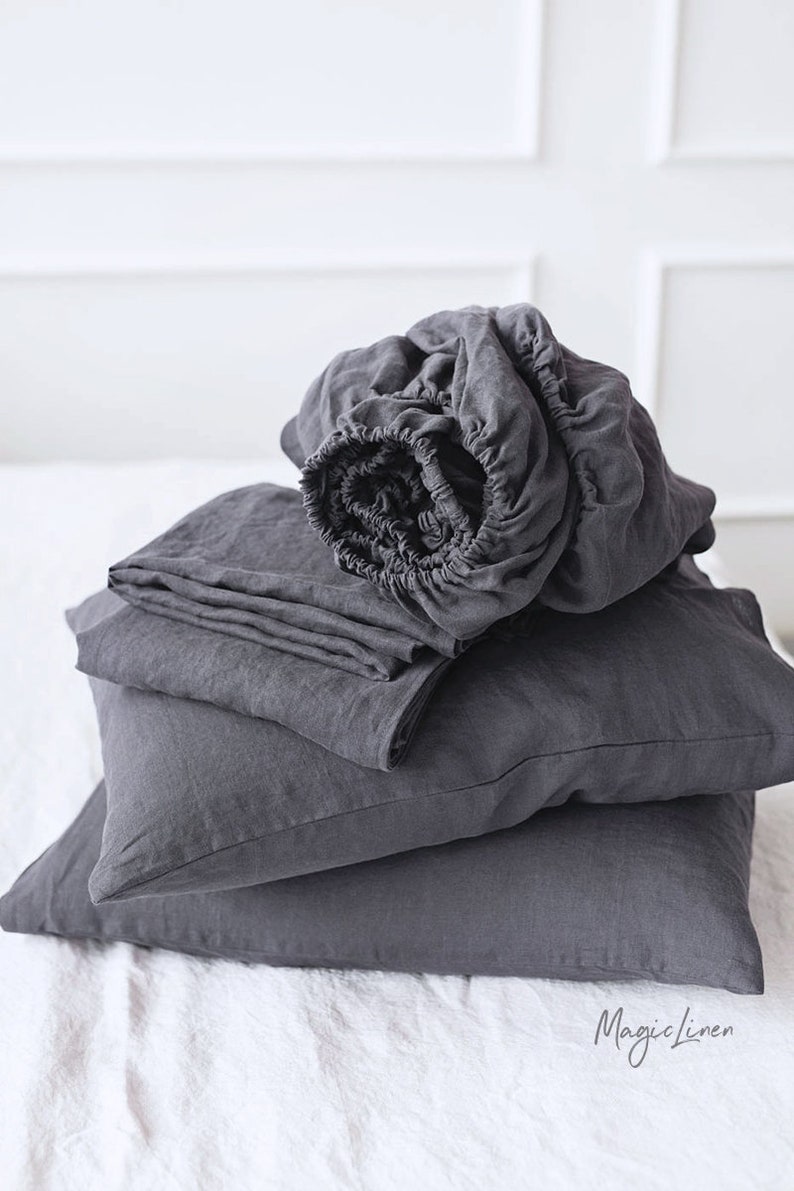 Linen sheet set in Charcoal Gray. Fitted sheet flat sheet 2 Etsy