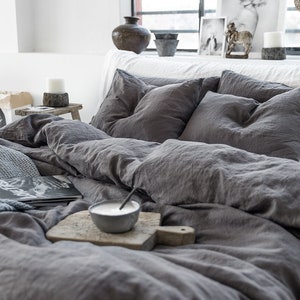 Linen duvet cover in Charcoal Gray Dark Gray color. Washed, softened linen bedding. Custom sizes. image 9
