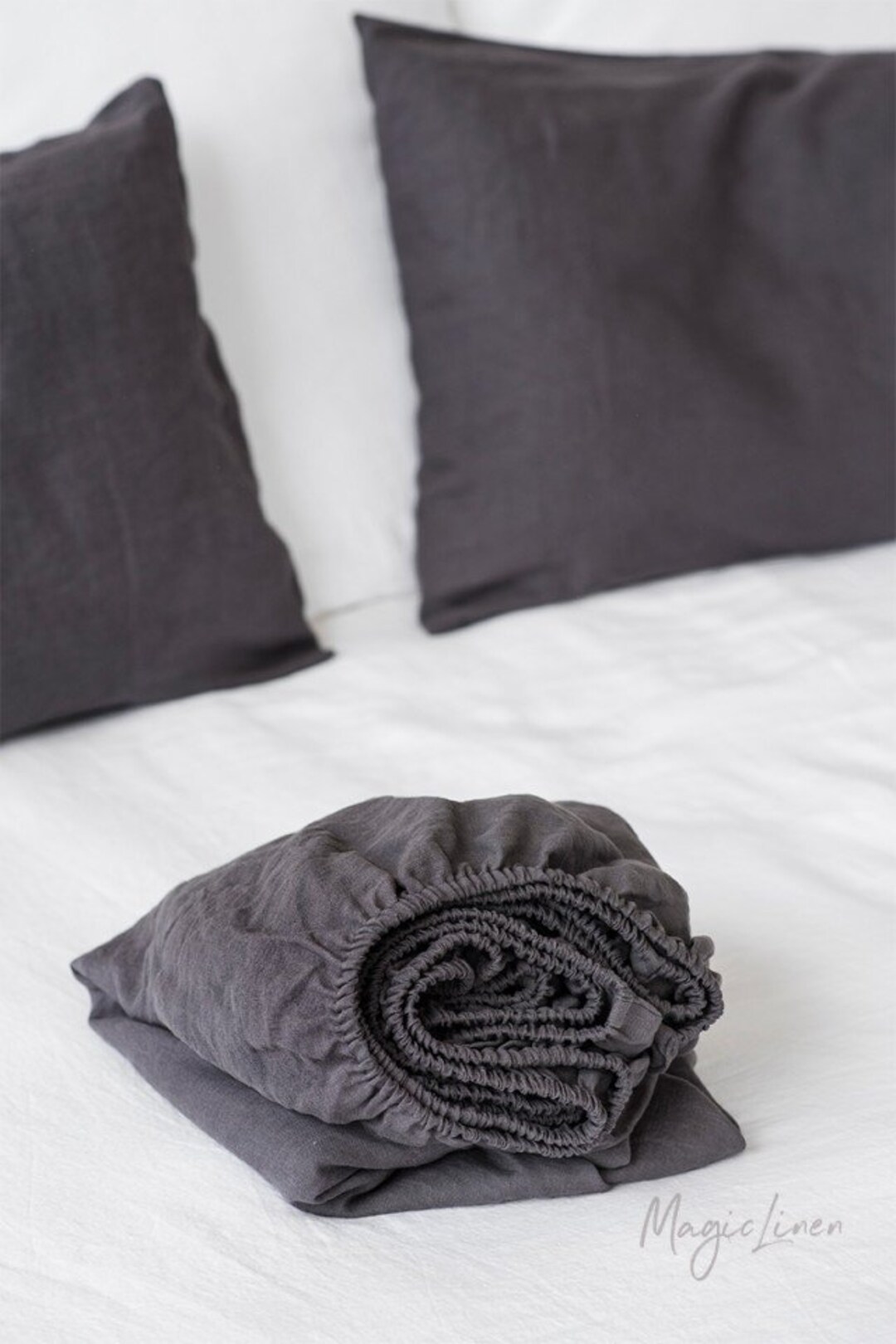 Linen Fitted Sheet in Charcoal Gray dark Gray Color. Stone Washed