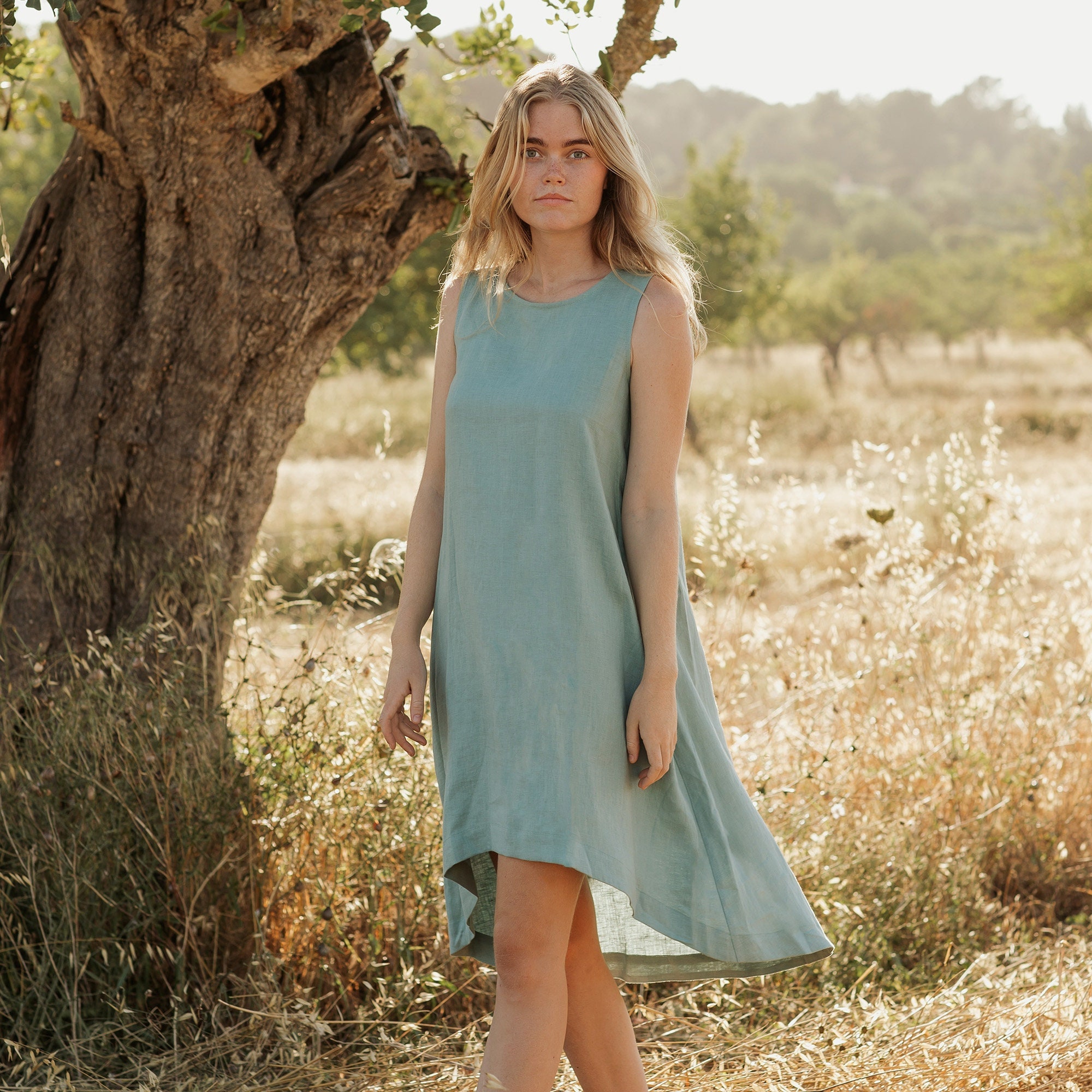 Abito Midi Donna In Lino - Lunghezza Al Ginocchio, Maniche Lunghe, Stile Casual E Bohemien