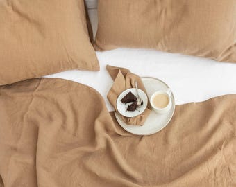 Latte Linen Flat Sheet – Soft Stonewashed Top Sheet – Warm Neutral Bedding Layer – Breathable Natural Flax Linen – Queen King Sizes
