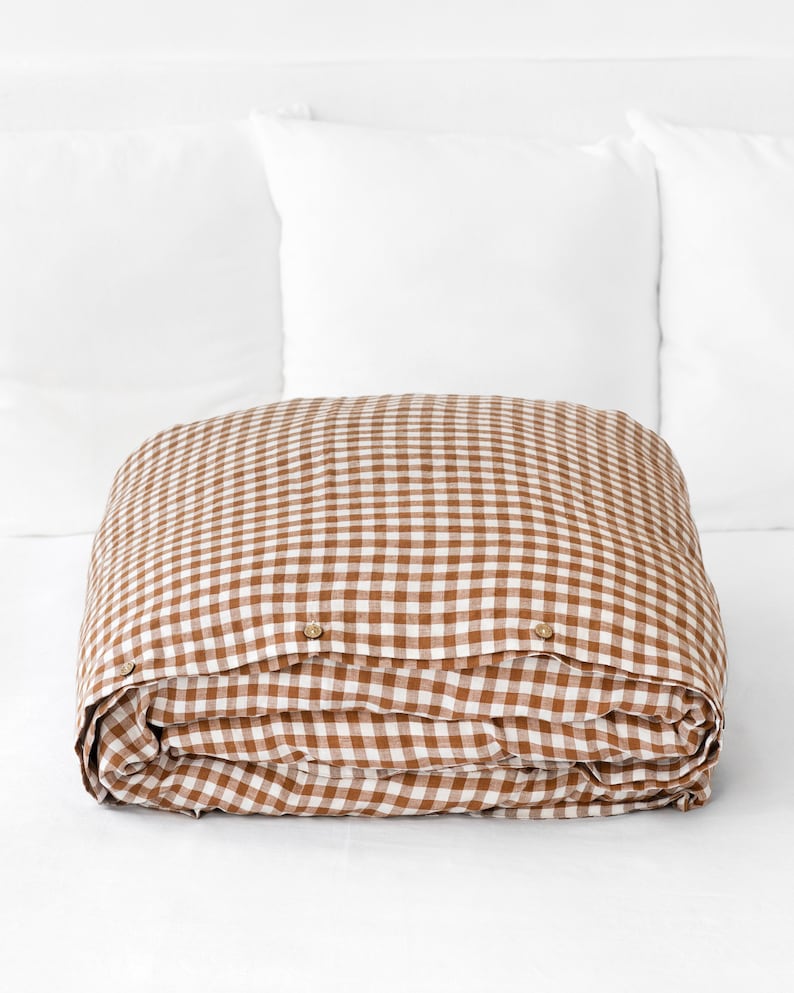 Linen duvet cover in Cinnamon gingham. Queen King duvet cover. Farmhouse bedding. Checkered bedding. 100% linen. Custom sizes available Cinnamon gingham