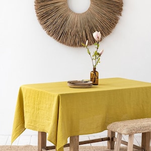 Moss Yellow Linen Tablecloth – Round, Square or Rectangular Stonewashed European Flax – Durable Custom Table Cover – Soft Minimalist Decor