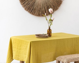 Moss Yellow Linen Tablecloth. Round, square, rectangular table linens. Custom linen fabric tablecloth.