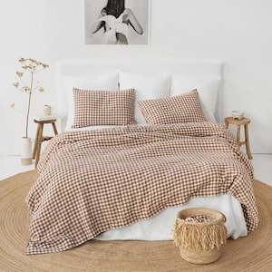 Cinnamon Gingham Linen Duvet Cover Set – 3 Piece Queen King Bedding – 100% European Flax, Stonewashed Checkered Linen, Warm Tone Bedding