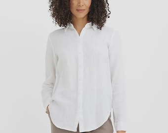 Linen White Shirt for Women - Fitted Button Down - Long Sleeve Blouse - Tailored Work Shirt - Minimalist Capsule Wardrobe Top BARCELONA
