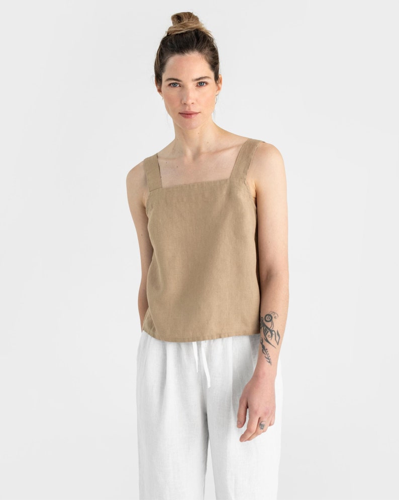 Sleeveless linen top OLINDA in Wheat. Linen blouse. Linen crop top. Basic linen top for women Wheat