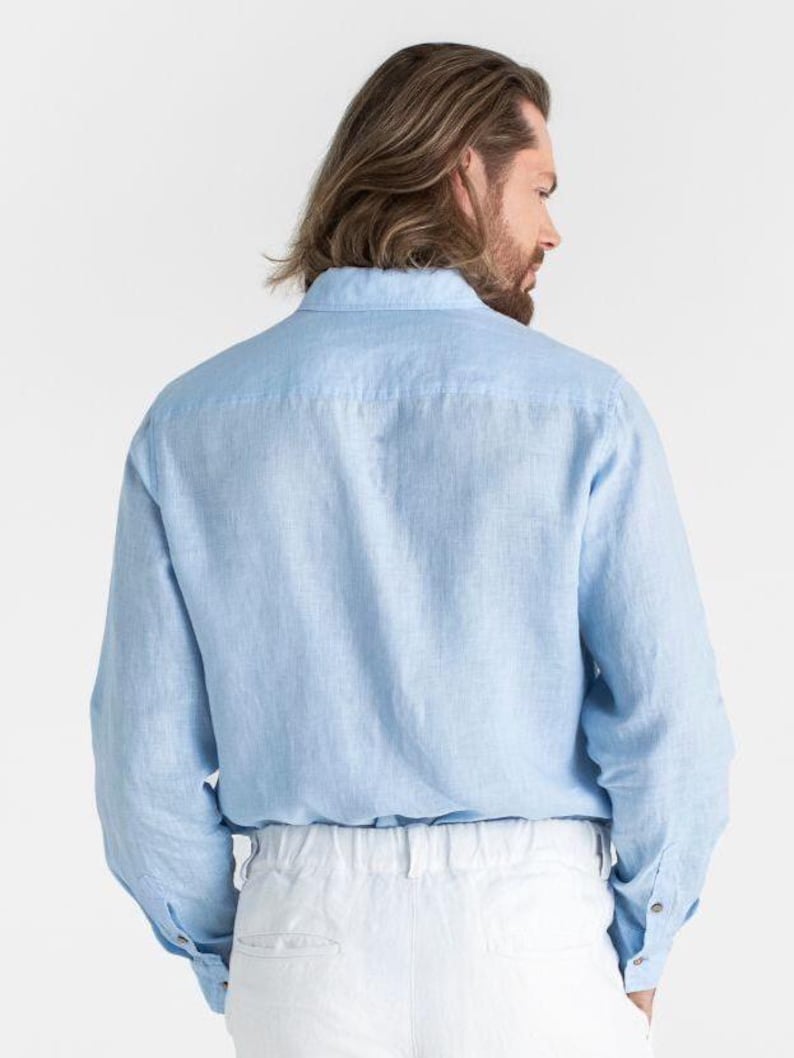 Camicia da uomo in lino azzurro cielo – Camicia da uomo in lino leggero a maniche lunghe – Camicia con bottoni dalla vestibilità comoda – Abbigliamento traspirante NEVADA immagine 5