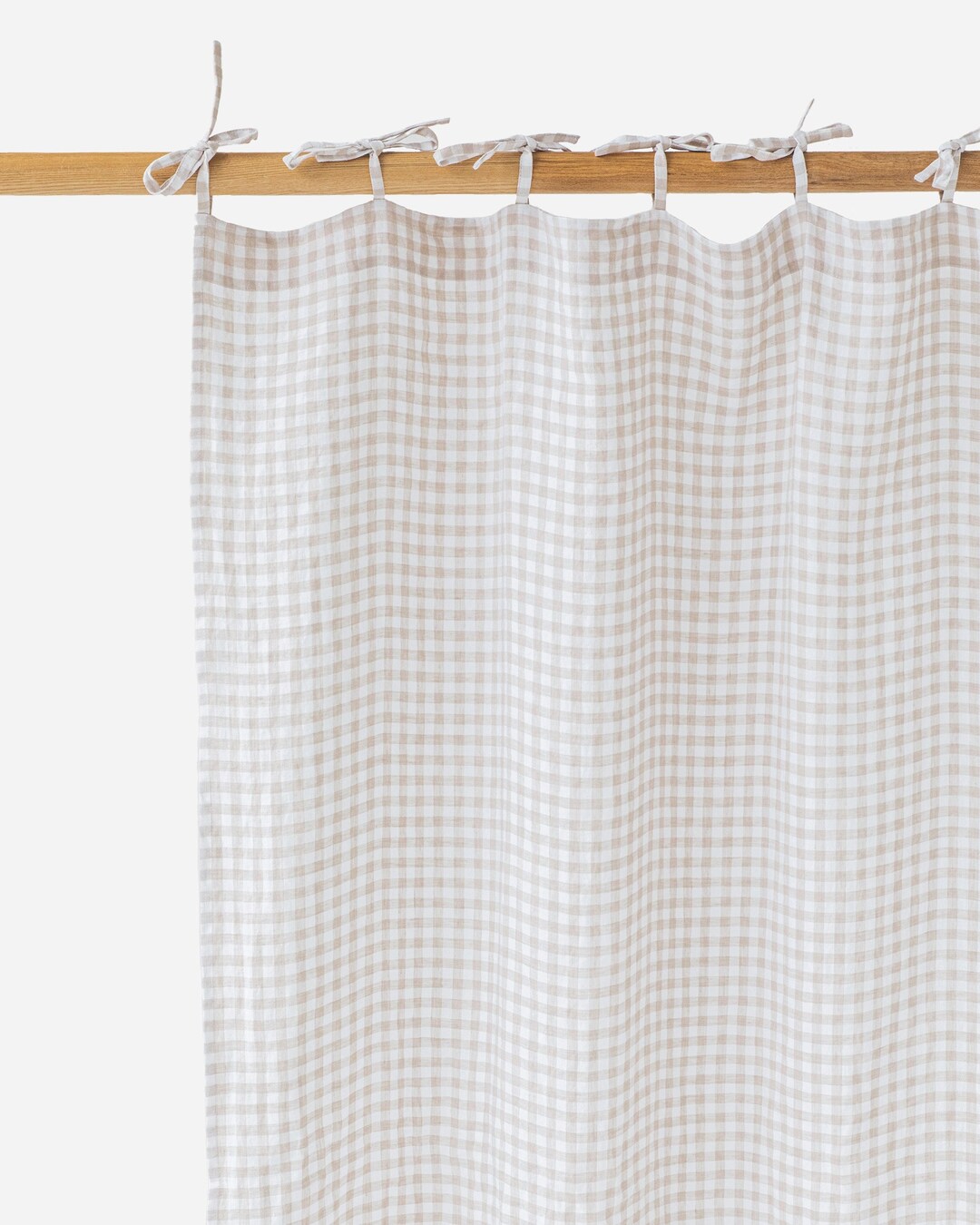 Tie Top Linen Curtain Panel in Natural Gingham 1 Pcs Semisheer Window