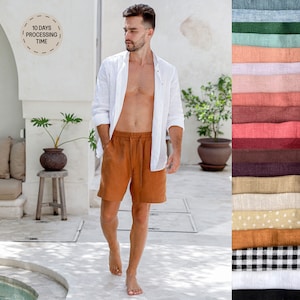 Men's linen shorts STOWE in Various colors | Summer clothing for men | Elastic waist | Handmade linen clothing