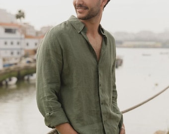 Linen Long Sleeve Shirt for Men - Mist Green Button Down - Relaxed Fit Flax Shirt - Breathable Summer Shirt Men - Casual Office Wear BOSTON