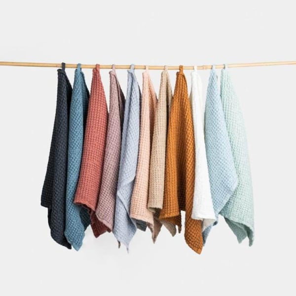 Linen Waffle Hand Towel – Quick Dry Dish Towel with Hanging Loop – Absorbent Kitchen Towel – Natural Linen-Cotton Blend in Multiple Colors