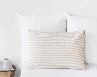 Striped Linen Pillowcase – Off-White and Natural Flax Sham – Soft Stonewashed Cover – Custom Size Decorative Pillow for Bedding or Accent
